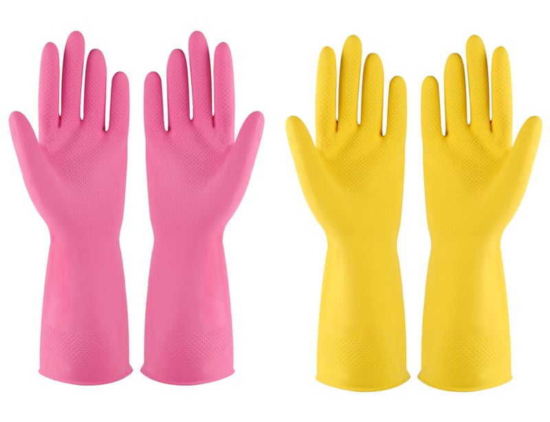 Rubber gloves dishwashing 2 Pairs for Kitchen Cleaning gloves for household Reuseable.(Large Pink+Yellow)
